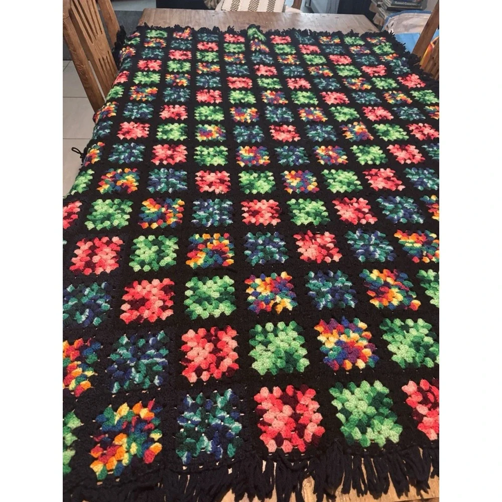 Vintage Handmade Granny Square Crochet Blanket Throw Black Multicolor Fr1nge